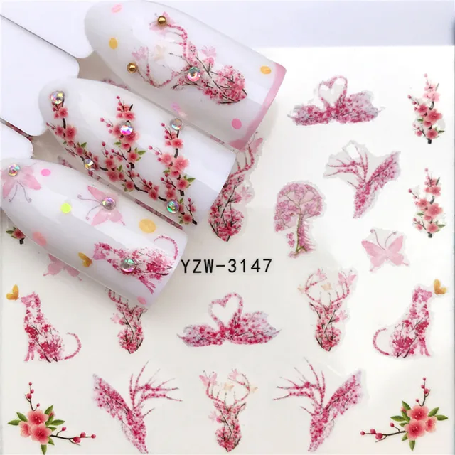 Nails Stickers Maple Leaf Seahorse Nail Sticker Pattern Transfer Nails Series Watermark Nail Decals Flowers Butterflies Color YZW-3147