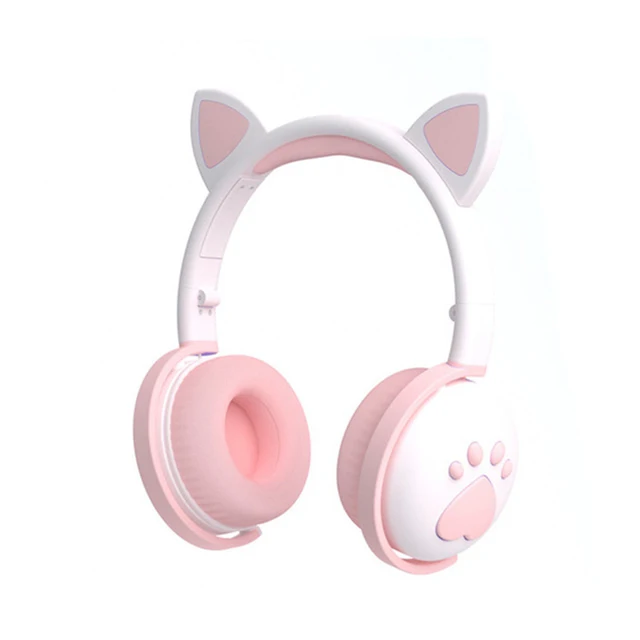 Cute Cat Headphones For Children Kids Wireless LED Light Cat Ear Blue-tooth Compatible Cat Paws Headset With Mic For Girl GIfts white No Package