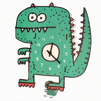 

Green Blue Dinosaur Cartoon Wooden Pendulum Wall Clock Creative Living Room Bedroom Decorative Cartoon Animal Mute Quartz Clock