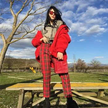 

Red Plaid Pants Straight Women Casual High Waist Zipper Fly Skinny Long Pencil Trousers Elastic Slim Cotton Pants