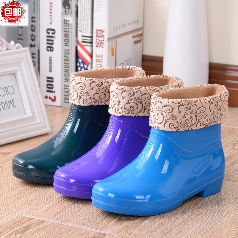 

2019 New Style Tube Rain Boots Women's PVC Water Shoes Four Seasons Deconstructable Cotton Cover Solid Color Waterproof Anti-sli