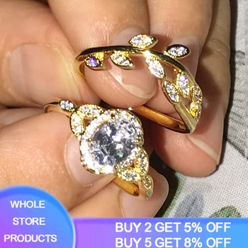 

New Design 24K Gold Zircon Flower Branch Leaf Finger Wedding Rings for Women 925 Solid Silver Ring Glamour Crystal Jewelry Gift