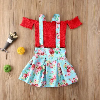 

2020 1-5T Toddler Infant Kids Kids Girl Clothes Set Summer Short Sleeve Off Shoulder Red Top Strap Floral Skirts Clothing 2PCs