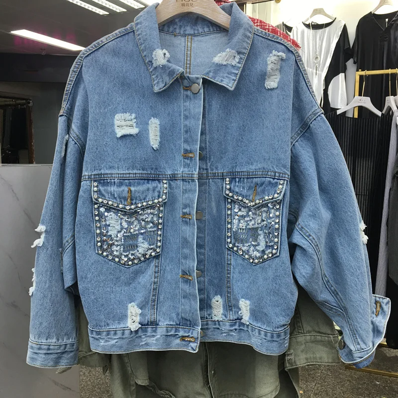 

Ozhouzhan 2019 Early Spring New Style WOMEN'S Dress Long Sleeve with Holes Sequin Fashion Elegant Versatile Jeans Coat