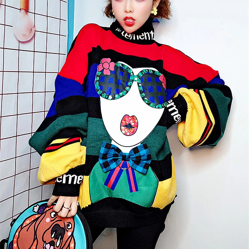 

Women's Sweaters Cartoon Appliques Sequins Rainbow Stripped Oversized Sweater Loose Knitted Crochet Loose Casual Sweaters NS559