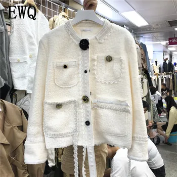 

[EWQ] 2020 Spring Winter New Arrivals O-neck Full Sleeve Solid Pattern Pockets Button Women Casual Loose Cotton Coat AY73001M