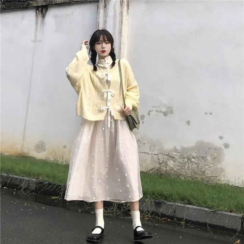 Light Yellow Cropped Cardigan Women Sweet Loose Lace Up Knitted Sweater Jackets Female Hollow Tops Fall 2021 Woman Clothing