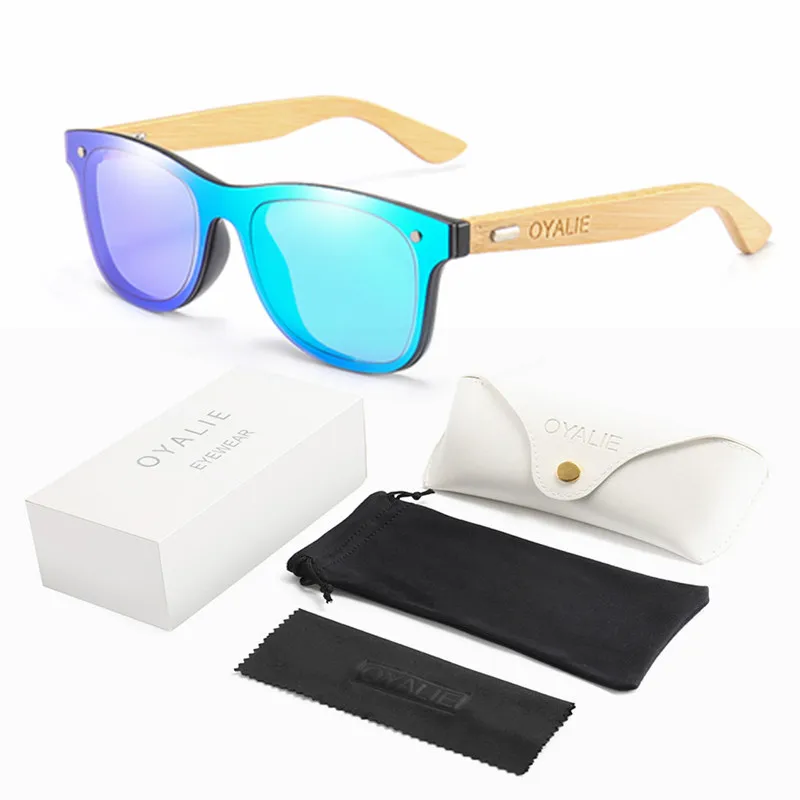 OYALIE брендовые бамбуковые цветные солнечные очки для ног, мужские классические квадратные круглые плоские линзы, Модные ретро женские солнцезащитные очки с подарочной коробкой - Цвет линз: Green-White Box