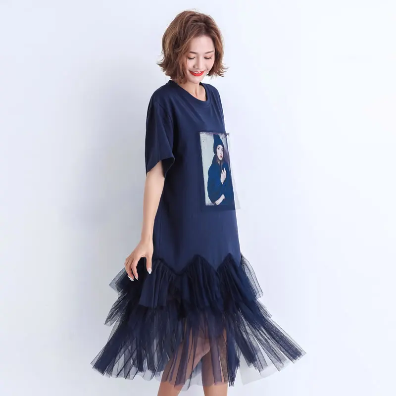 [XITAO] женское платье из двух частей, весна-лето, корейское модное Сетчатое платье с коротким рукавом и круглым вырезом и принтом, DLL2979