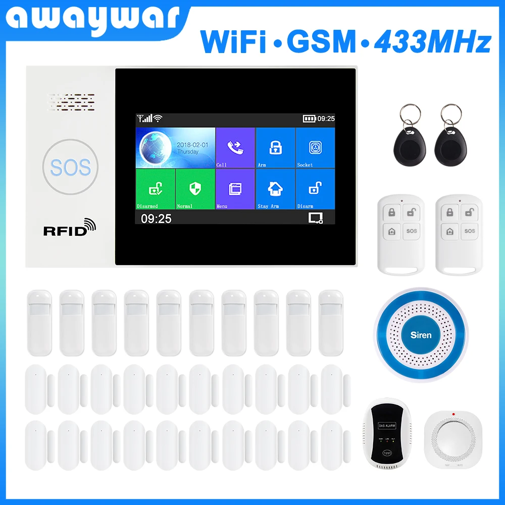 Awaywar WIFI GSM smart Alarm System home Security Burglar kit 4.3 inch touch screen APP Remote Control RFID Arm Disarm