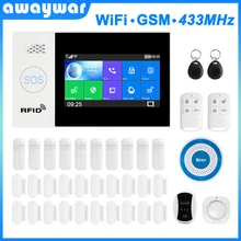 Awaywar WIFI GSM smart Alarm System home Security Burglar kit 4.3 inch touch screen APP Remote Control RFID Arm Disarm Awaywar WIFI GSM smart Alarm System home Security Burglar kit 4.3 inch touch screen APP Remote Control RFID Arm Disarm