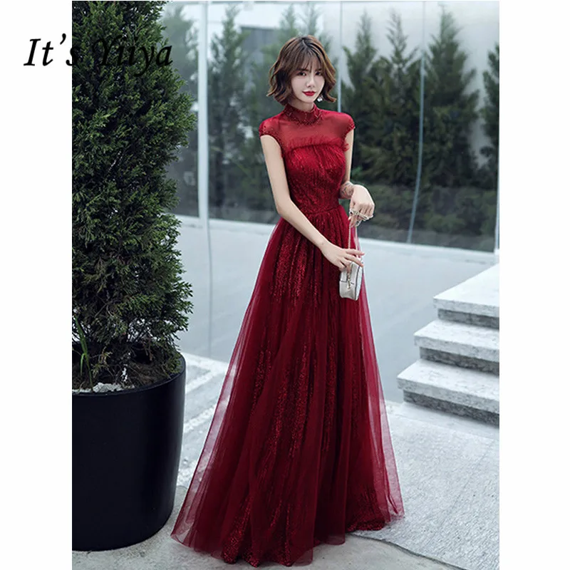 

It's Yiiya Evening Dress 2019 Lace Short Sleeve High Neck Sequins A-line Dresses Elegant Cut-out Formal Gowns Plus Size E1293