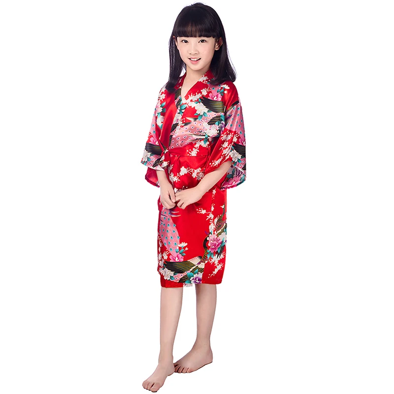 Большая распродажа, кимоно с павлином для девочек, халаты, детский банный халат, одежда для сна, повседневное шелковое атласное платье подружки невесты, пижамы, От 2 до 14 лет ночная рубашка - Цвет: Red