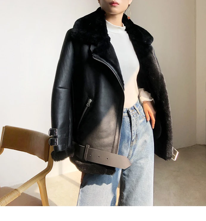 Winter Lamb Fur Bomber Real leather Jacket Women New Sheepskin Double Face Shearling Coat Oversized Genuine Leather Jackets