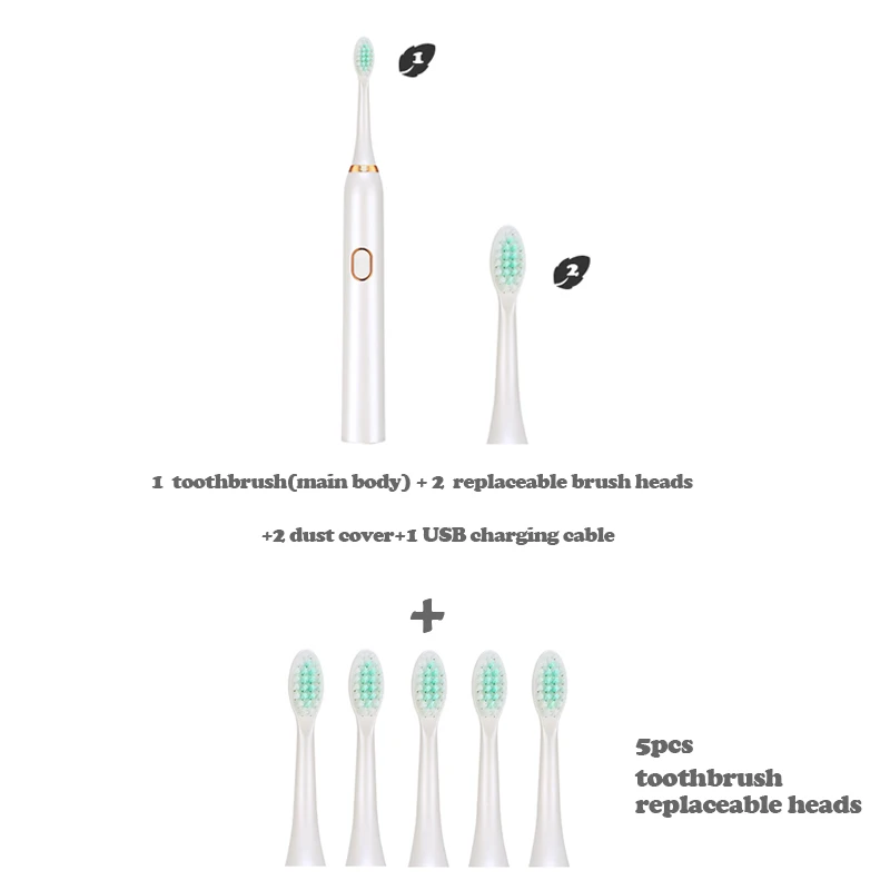 White plus 5 heads Мощная ультра звуковая электрическая зубная щетка USB перезаряжаемая Водонепроницаемая IPX7 ультра звуковая Автоматическая отбеливающая зубная щетка - Цвет: White plus 5 heads