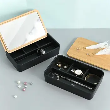 

Desktop Storage Box Bamboo Cover Small Storage Compartment Organizer Sundries Container Holder with Mirror for Jewelry