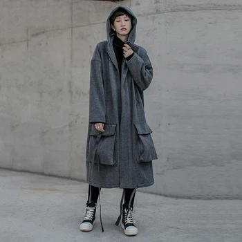 

[] Loose Fit Gray Split Big Size Fleece Long Jacket New Lapel Long Sleeve Women Coat Fashion Tide Utumn Winter 2020 AS077