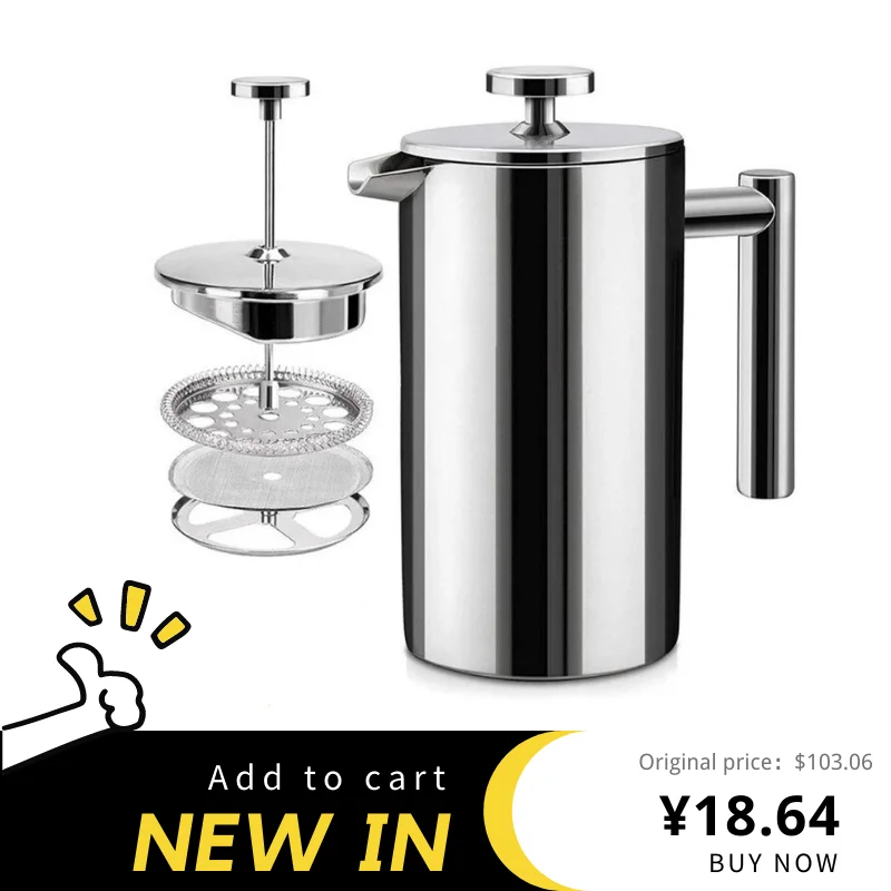 French Press Double Insulated Stainless Steel Coffee Maker 4 Level Filtration System, No Coffee Grounds, Rust-Free, Dishwash