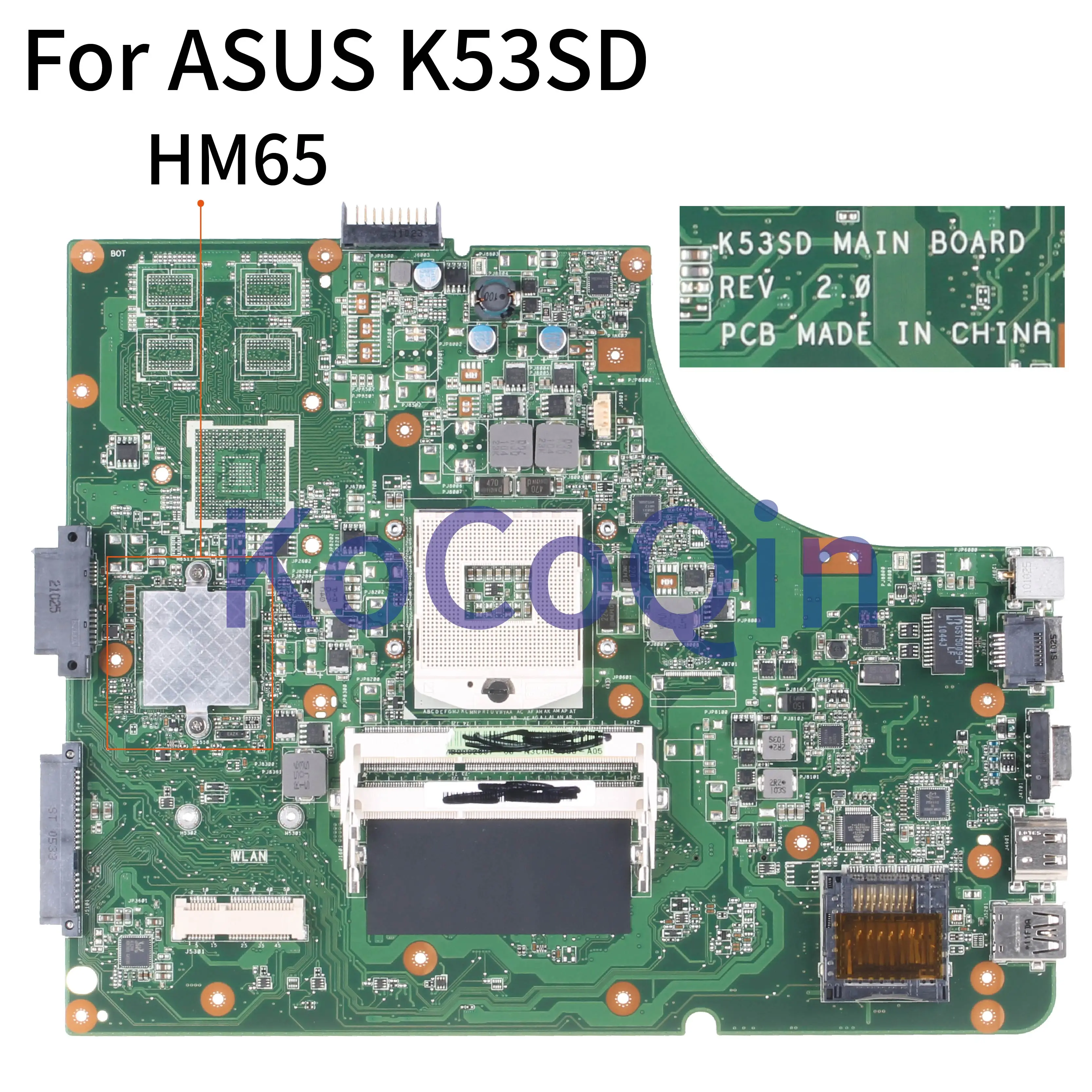 Placa-mãe do Portátil para Asus Kocoqin Núcleo Mainboard Rev.2.0 Testado K53sd Hm65 - Imagem 2