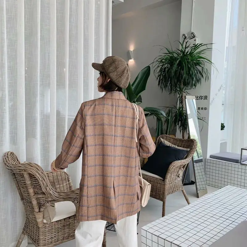 

2019 Fashion And Personality Suit Collar Long Sleeve Double Breasted Pattern Mid-length Straight-Cut Suit Jacket Women's