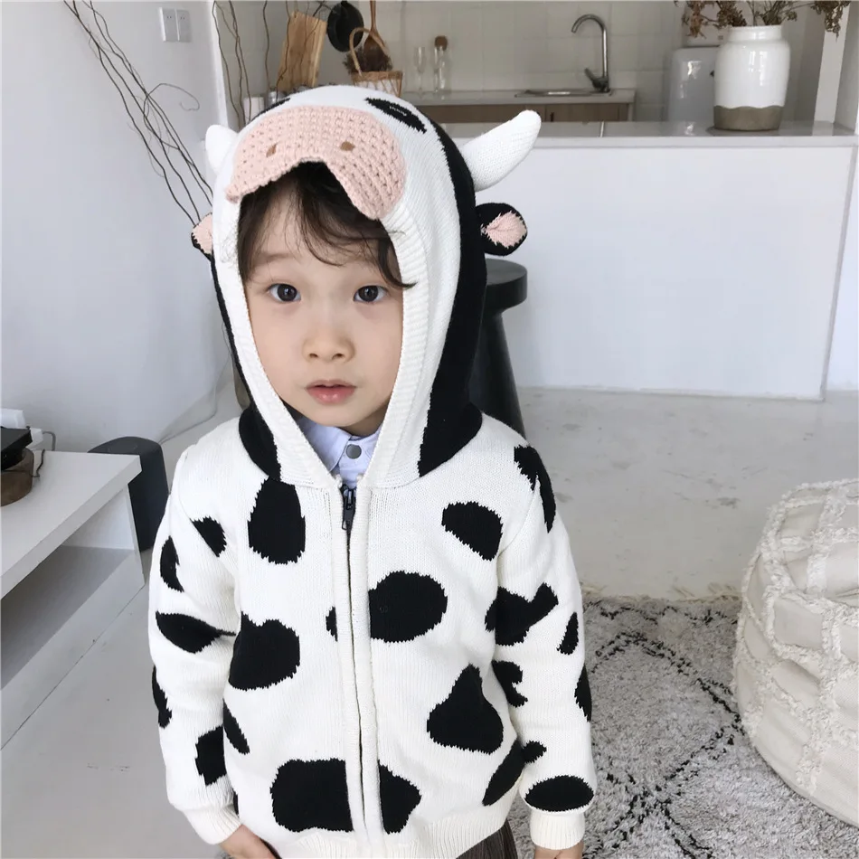 Tonytaobaby/Новинка зимы; милый свитер с капюшоном на молнии с трехмерной коровой для мальчиков и девочек; Детский свитер