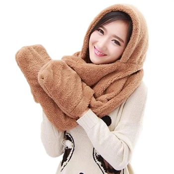 

3 In 1 Women Winter Warm Soft Hood Scarf Snood Pocket Hats Gloves Fashion Hooded Srarves Scarf Hat Glove 3 Piece Sets