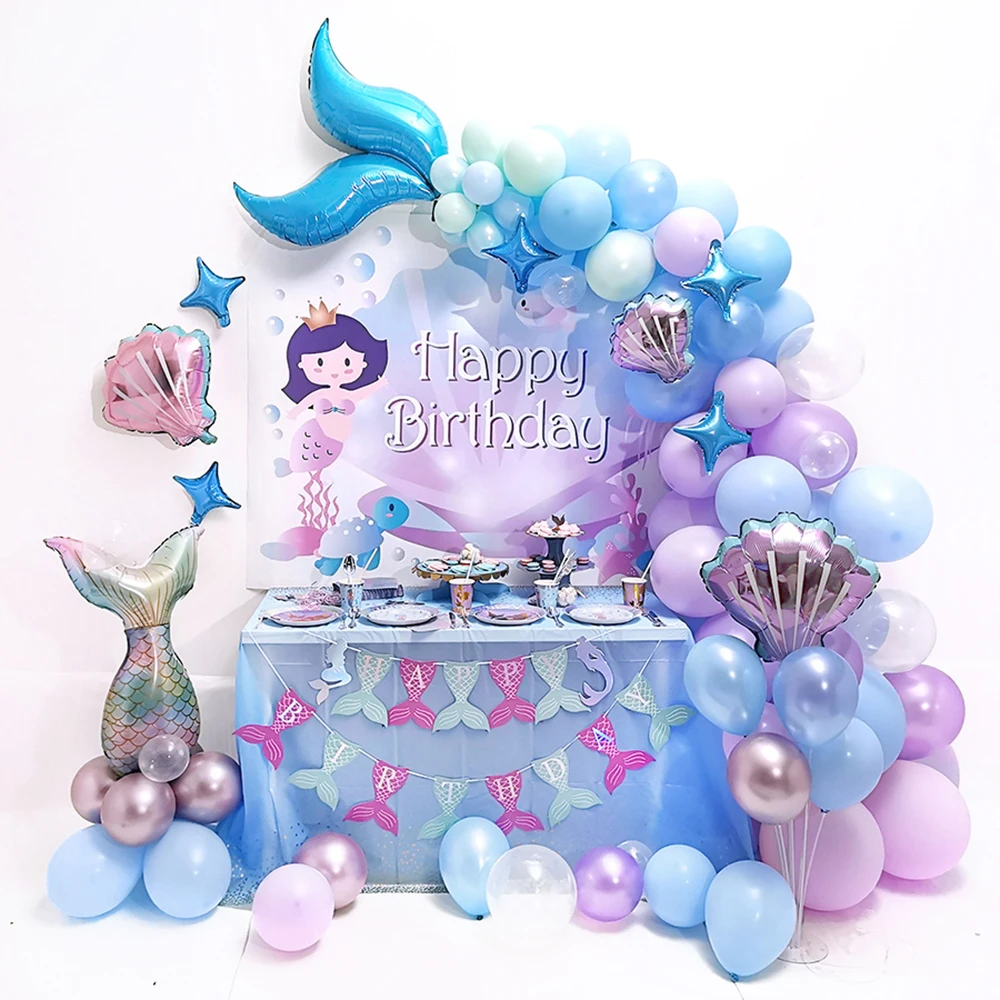 Ballon en aluminium Sirène Happy Birthday bleu et doré