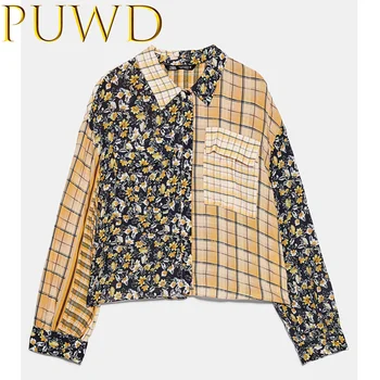 

PUWD 2020 Spring and summer new women's fashion patchwork top pocket with loose Print Shirt Stripe Print patchwork shirt
