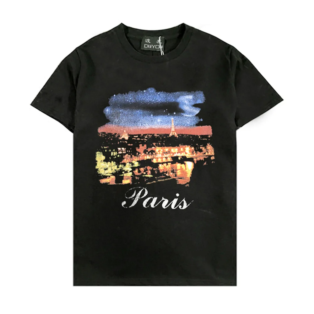 DUYOU для мужчин и женщин короткий рукав париж ночной вид печатных футболки для мужчин s Лето хип хоп повседневные хлопковые футболки Модная уличная футболка - Цвет: Черный
