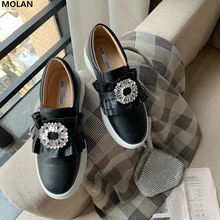 MOLAN Brand Designer Autumn Luxury Bling Rhintestone Buckle Thick Bottom Platform Leather Flats Shoes Women Slip On Loafers