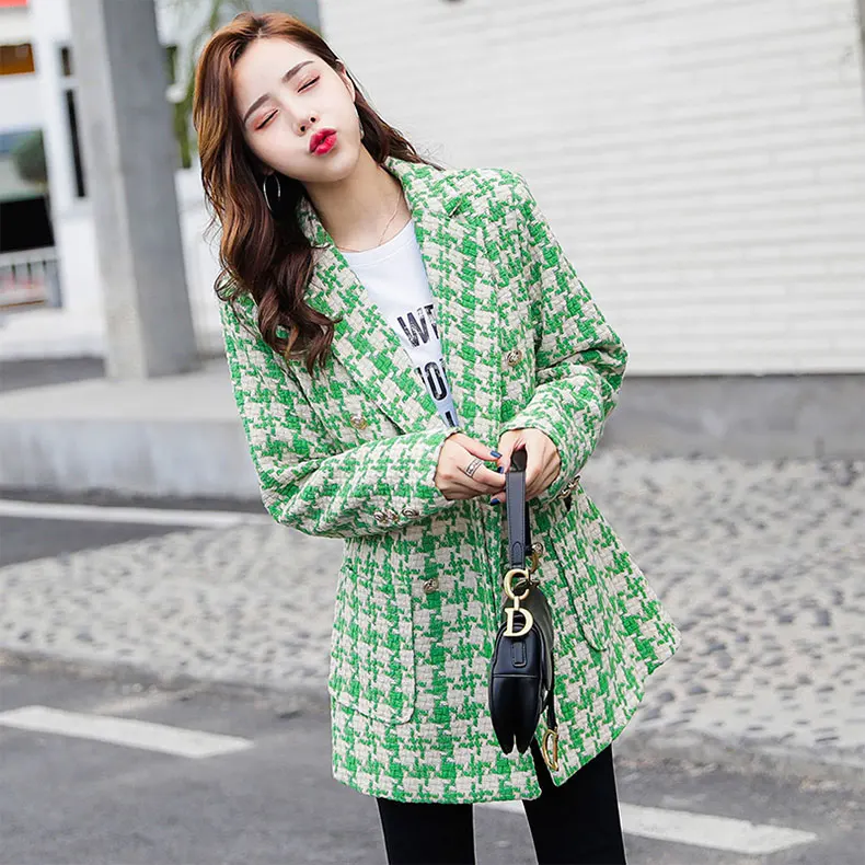 Green New Women Autumn Coats Korean Medium Long Loose Avocado Green Overcoat Houndstooth Winter Hairy Female Elegant Jacket SS676 - Цвет: Green
