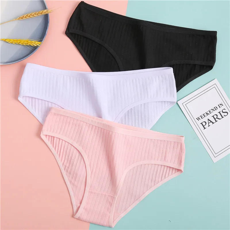 Women Panties Women Underwear Female Underwear FINETOO Women's Cotton Panties 3Pcs Soft Striped Women Underpants Solid Girls Briefs Sexy Female Lingerie M-XL Comfort Underwear