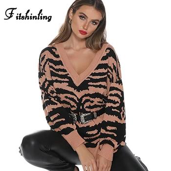 

Fitshinling Leopard V Neck Female Sweater Fashion Slim Women Sweaters And Pullovers 2019 Knitted Jumper Pull Femme Korean Style