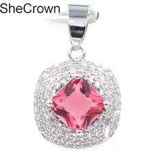 Великолепный розовый турмалин Белый CZ дамы Свадебный серебряный кулон 25x16 мм