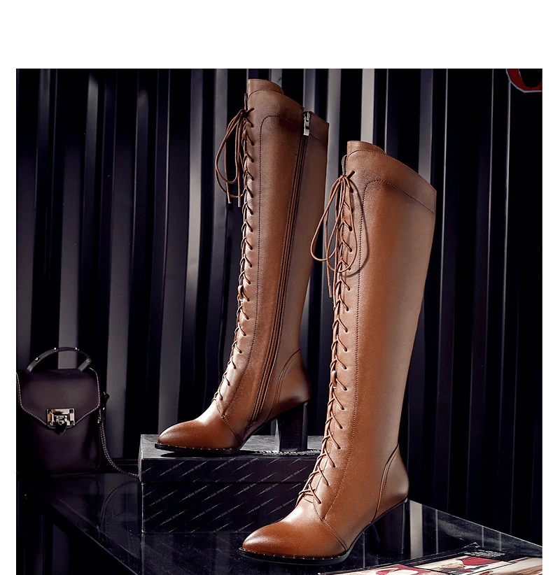 Full Grain Genuine Leather Handmade Cow Boots High Over The knee Black Shoes For Woman Short Plush Inside Zipper Med Heels