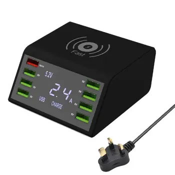 

Mobile Phone Smart Charger With 8-Port USB QC3.0+10W Wireless Fast Charging Digital Display Smart Charger Built-in IC Chip