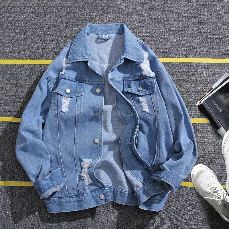 

2017 Autumn New Style Jeans Coat Men's Loose-Fit Jacket Hong Kong Style off-Shoulder xi ha kuan MEN'S Top