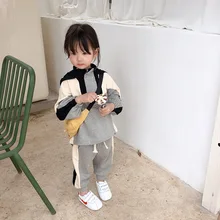 Весенне-осенние цветные спортивные комплекты для мальчиков милые толстовки с капюшоном в стиле пэчворк для девочек+ спортивные штаны комплекты из 2 предметов комплекты детской одежды