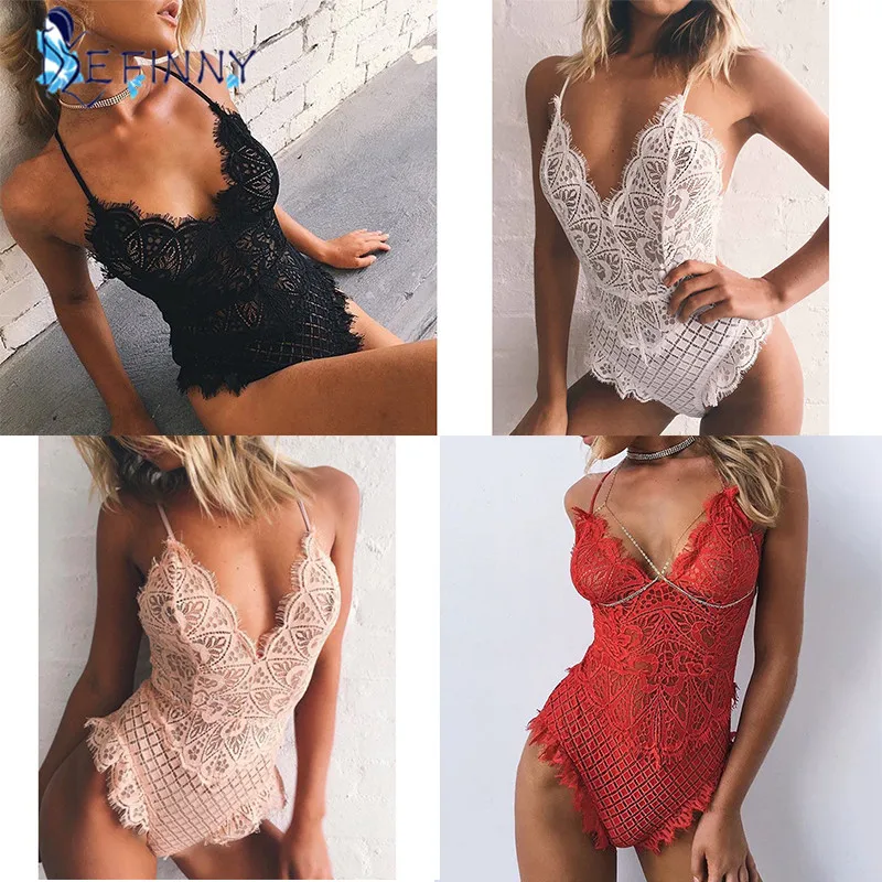 Women's Sexy Deep V Neck Eyelash Mesh Lace Body Stocking Lingerie Bodysuit