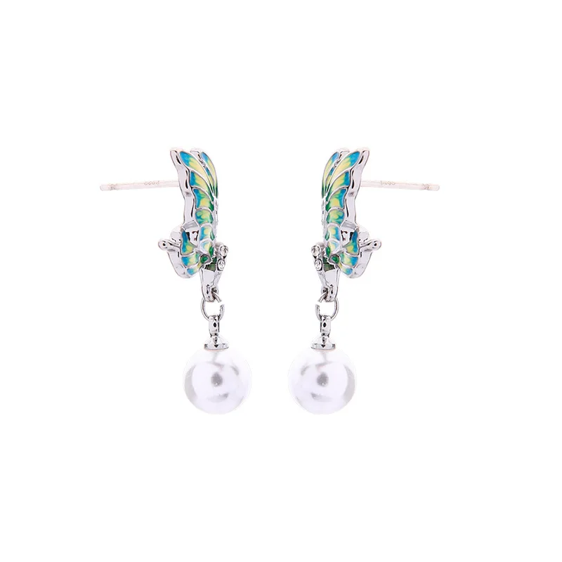 

Trendy Pretty Enamel Inlay Crystal Imitation Butterfly Drop Earrings Temperament Pearl Pendant Drop Earrins for Woman Jewelry