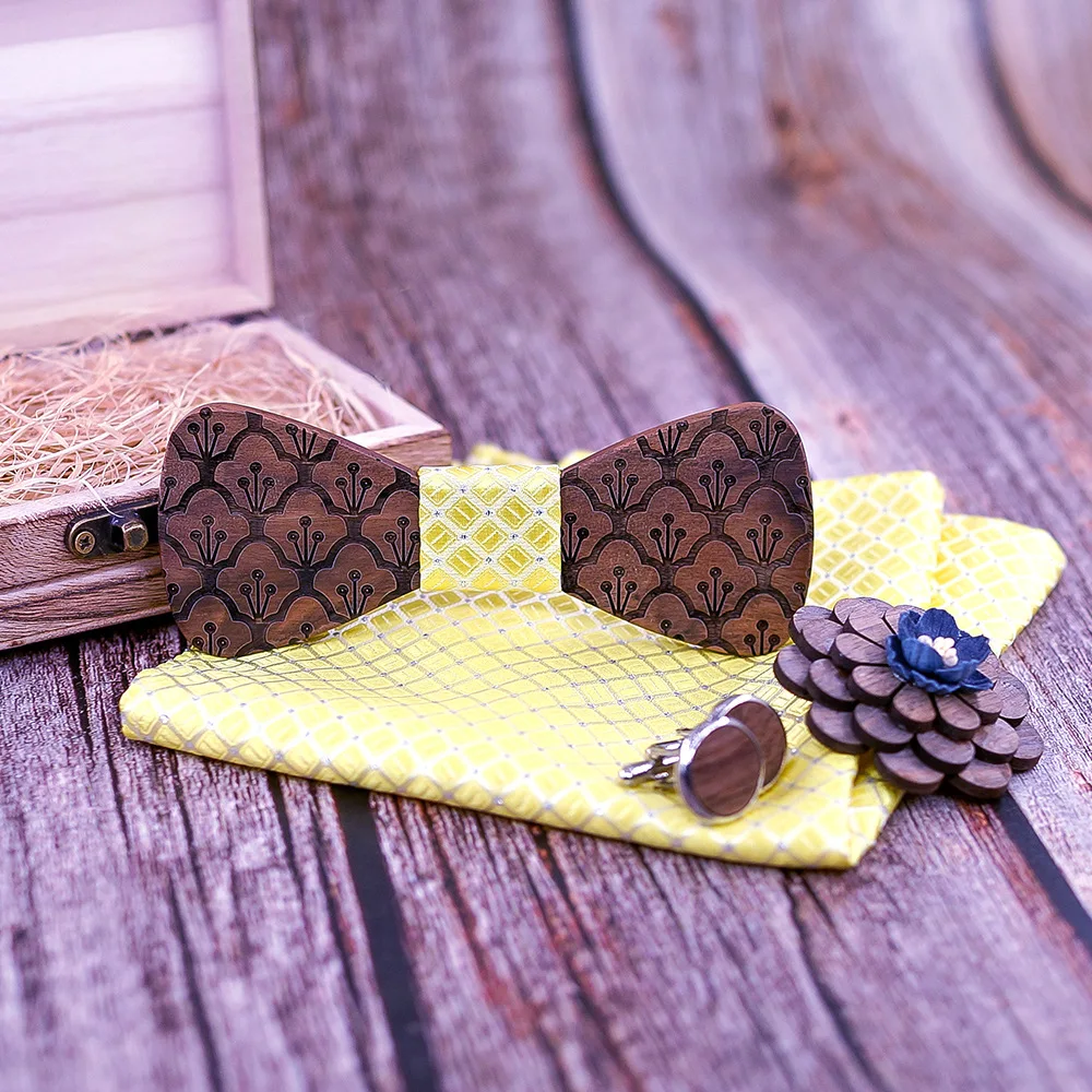 Wooden Bow Tie Men Set Square Scarf Cufflinks Brooch Party Stage Bow Tie Men's Accessories Logo Custom