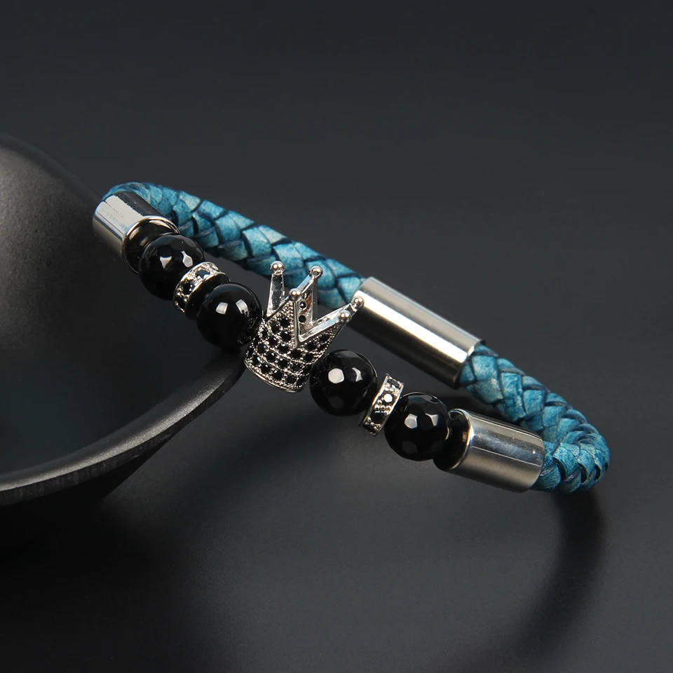 Ailatu Men's New Cz Crown Bracelet Genuine Blue Cowhide Leather Stainless steel Gold Beads Magnetic Clasp Vintage Male Bangle