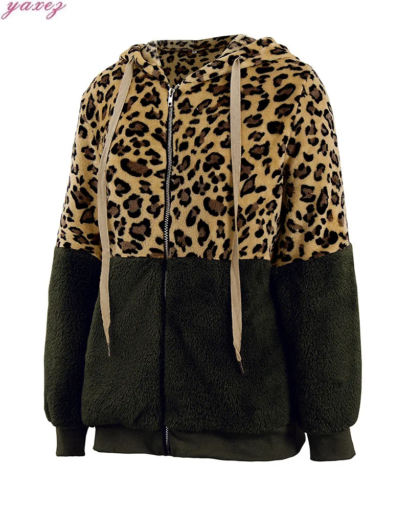 New Winter Fashion Leopard Patchwork Women's Jackets Faux Fur Plush Flocking Keep Warm Hoodies Zipper Ladies Coat