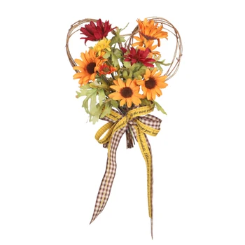

Christmas Wreath Simulation Sunflower Flower Ribbon Wall Hanging Autumn Thanksgiving Heart-Shaped Wreath Home Decor
