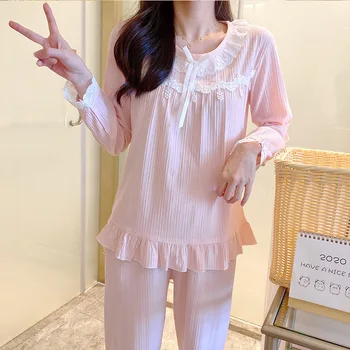

Spring Autumn New Pajamas Women's Pure Cotton Princess Style Long-sleeved Lace Sweet Student Korean Suit Pijama Invierno Mujer