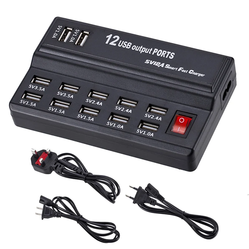 

USB Fast Charge HUB 12 Ports 12A Smart Charging Station USB Charger Mobile Phone Tablet Digital Charger for iPhone Samsung