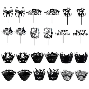 

Behogar 12PCS Halloween Acrylic Fruit Cupcake Toppers Picks + 12PCS Hollow Out Cake Wrappers Liners for Home Party Supplies