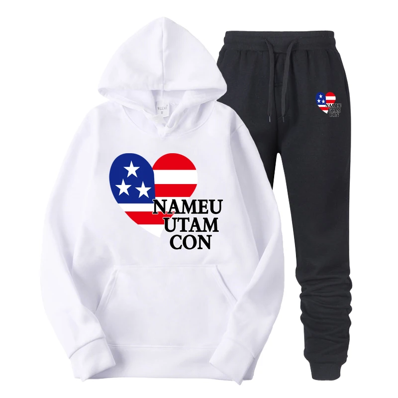 

New 2019 brand men's sportswear fashionFlag print sportswear two-piece cotton hooded thick wool + sweatpants men's suit