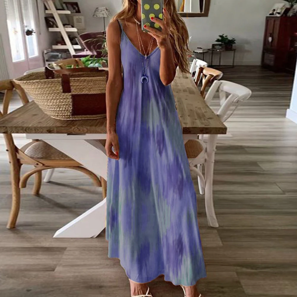 CYSINCOS Summer Women Boho Maxi Dress Tie Dye Print Spaghetti Strap Sleeveless Sun Beach Dresses Robe Female Vestidos Plus Size