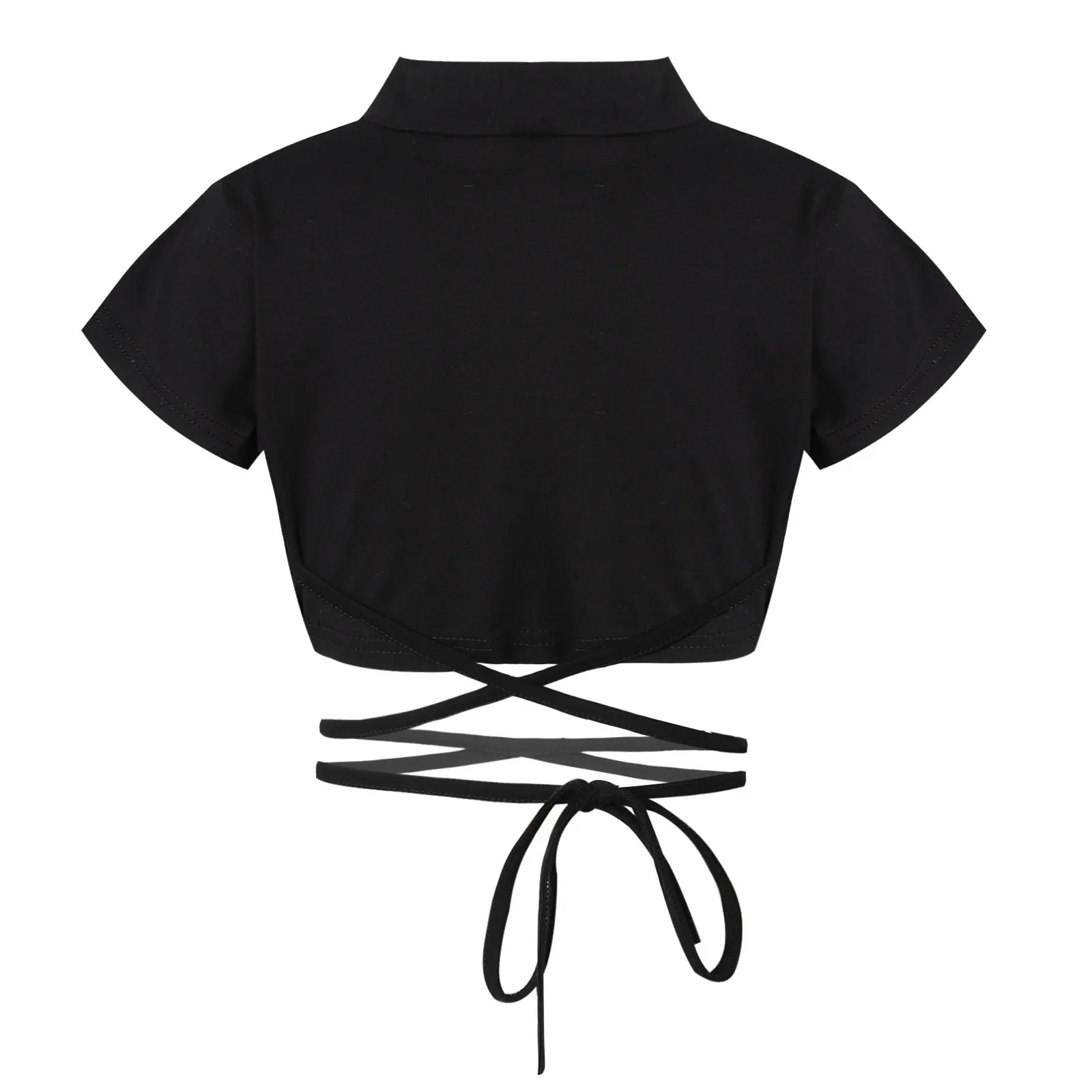 Kids Girls Cotton Round Neck Tank Tops Short Sleeve Jazz Dance Hip Hop Performance Costume Sport Crop Top Sash Tie Cross Waist